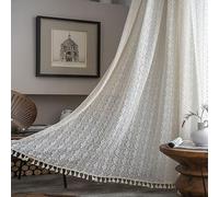 Vintage Curtains Crochet Knitted Cotton Linen Blend Modern Farmhouse Style 150x270cm Privacy Drapes for Living Room Kitchen Bedroom Tassel Detail