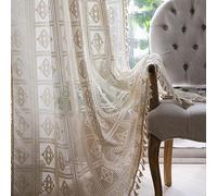 Vintage Curtains, Crochet Striped Drapes, Cotton Linen Blend with Tassels, Modern Farmhouse Style, 150x240cm, Ideal for Living Room, Bedroom, Kitchen Privacy.