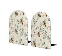 Vintage Cute Bees Printed Wooden Bookends for Shelves Wood Book Ends Heavy Duty Non-Skid Book Stoppers for Home Office Study Decoration 1 Pair