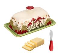 Vintage Cute Ceramic Butter Dish with Lid: Butter Storage Container with Mini Butter Knife for Home, Kitchen, Keeping Butter Fresh and Clean, Practical Gift Idea, Mushroom (Red, 19.0 × 10.7 × 9.4 cm)
