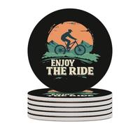 Vintage Cyclist Enjoy The Ride Bicycle Round Ceramic Coasters Non-Slip Cork Base Drinks Holder Craft 6PCS