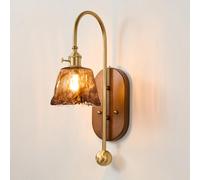 Vintage d Wall Sconce with Amber Glass Lampshade, Mid Century Modern Wood Wall Lamp, Hradwired Indoor Wall Lighting Fixture with Switch for Bedside Bedroom Living Room Doorway