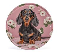 Vintage Dachshund Florals Wall Art Round Mental Wall Plaque Hanging Decoration Modern Circular Rustic Artwork Sign 12" X 12" For Bedroom Living Room Office Outdoor