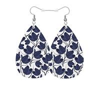 Vintage Dangle Earring Tulips Dark Blue Poppies Nature Flower Plants Leather Dangle Drop Earrings Lightweight Drop Earrings For Party Anniversary Ladies