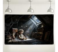 Vintage Dark Attic Backdrop, Spooky Haunted House Decor, Moonlight Webs Photography Background for Halloween Party Supplies 71x43 Inch