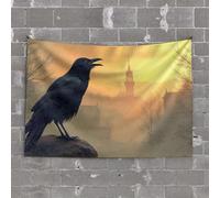 Vintage Decor A Raven Perched On A Rock with A Castle in The Background Tapestry Backyard Bar Decor Man Cave Bar(100X150CM)
