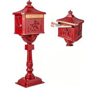 Vintage Decor Black Ornate Freestanding Lockable Post Box 117cm H x 42cm W x 38cm D Letter Box Victorian Style Cast Aluminium Waterproof (Red)