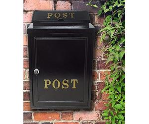 Vintage Decor by DWD® Weatherproof Post Box Plain Design Personalisable-Lockable Heavy Duty Secure Wall Mounted Letter Mail Post Box Post for Walls/Gates/Garages.Charming, (Black with Gold Post Sign)