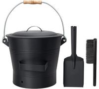 Vintage Decor Home Ash Bucket with Lid & Tidy Set 27cm Powder coated Steel Matt Black Metal for Fireplaces, 10L Ash Bucket with Shovel and Hand Broom, Tool Set Accessories