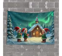 Vintage Decor Three Elves in Santa Hats Gather Around A Cozy Cabin On A Snowy Night Tapestry Beer Decor Wall Tapestry Large(75X100CM)