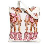 Vintage Deer Canvas Tote Bags, Fanciful Animal Art Pattern Reusable Grocery Bags, Lightweight Washable Shoulder Strap, White, 13x15 Inch