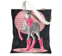 Vintage Deer Canvas Tote Bags, Retro Animal Disco Pattern Reusable Grocery Bags, Stylish Lightweight Washable Shoulder Stra, Black, 13x15 Inch