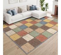 Vintage Distressed Geometric Square Grid Rug 120 x 170 cm Washable Carpet | Shabby Chic Bedroom Rug, Durable Esay Clean, Pet Friendly Cosy Taupe Carpet for Living Room, Dining Room, Office