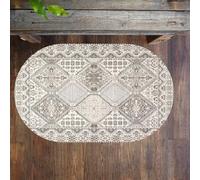 Vintage Distressed Oval Rug 110x160 cmGray Beige Cream Floral Design Washable Short Pile Carpet for Bedroom Living Room Bathroom Decor