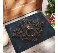 Vintage Distressed Welcome Mats - Lion He Door Knocker Carving Door Mat Indoor Entrance Decorative Outdoor Doormats Non Slip Outside Door Mats Dark Gray-Blue for Front Door Rugs, 50 x 80 cm