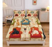 Vintage Dog King Fitted Sheet (150X200Cm) - 2X Pillowcases - Beige Microfiber Bedding With Victorian Animals - For Pocket 30Cm - Shrinkage Fade Resistant Easy Care