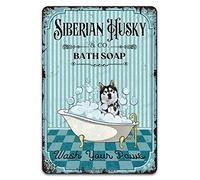 Vintage Dog Metal Tin Sign Siberian Husky Co. Bath Soap Wash Your Paws Funny Lovely Dog Puppy Pet Art Printing Poster Bathroom Toilet Living Room Home Art Wall Decoration Retro Metal Tin Sign 8X12 Inches