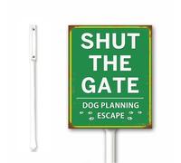 Vintage Dog Planning Escape Sign, Please Shut The Gate Funny Warning for Yard, Close Gate Fence Pet Safety Metal Stake 18x22 CM Heavy Duty Rust Free