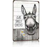 Vintage Donkey Hold Sunflowers Hello Sweet Cheeks Funny Tin Sign Retro Metal Sign for Home Farm Toilet Restroom Washroom Wall Decor Gift 12x16 Inch
