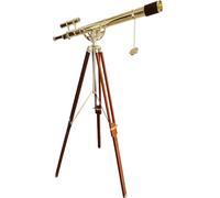 Vintage Double Barrel Shiny Brass Telescope with Floor Standing Wooden Tripod Handicraft Anchor Master Brown Leather - Navirock