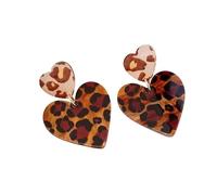 Vintage Double Hearts Leopard Print Acrylic Dangle Drop Earrings for Women Lightweight Love Heart Dangling Cheetah Stud Valentine's Day Fashion Jewelry Romantic Gifts for Girlfriend Wife Sister