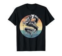 Vintage Dragon Art Print with Retro Rainbow Stripes T-Shirt