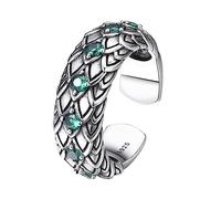 Vintage Dragon Scale S925 Sterling Silver Men's Ring, Men's Open Adjustable Sterling Silver Green Zircon Ring(suitable for US size 9-12)