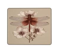 Vintage Dragonfly Floral Desk Mouse Pad, Beige and Brown Flower Design, Non-Slip Washable Gaming Mousepad for Home and Office Use Square 8x10 Inch