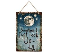 Vintage Dragonfly & Moon Metal Tin Sign With "Sometimes I Just Look Up", Retro Aesthetic Design, 20x15x0.6cm, Quote Rustic Farmhouse Decor, Stars Outdoor Wall Art, For Home, Office, Cafe, Bar