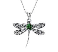 Vintage Dragonfly Pendant Necklace for Women 925 Sterling Silver Oval Shaped Emerald Cute Dragonfly Necklaces Birthstone Jewelry Birthday Gifts for Her