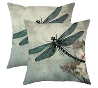 Vintage Dragonfly Throw Pillow Covers Set of 2 shabby Country Flower Plants Garden Natural Green Cozy Velvet Washable Indoor Home Kids Bedroom Dorm Couch Sofa Decorative Cushion Cover 18x18inch
