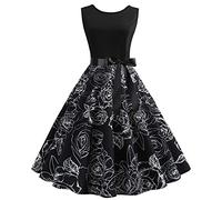 Vintage Dress for Women Boat Neck A Line Pleated Swing Dresses Ladies 50s Rockabilly Dresses Hepburn Style Cocktail Vintage Retro Dress Skirt Knee-Length Party B-Black