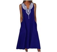 Vintage Dresses for Women UK Casual Sleeveless Button V Neck Dresses with Pocket Ladies Loose Boho Floral Sundress Flower Swing Tank Midi Dress Beach Holiday Pullover Dress Lounge Dresses