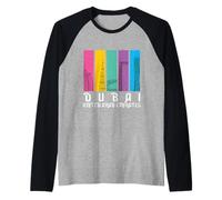 Vintage Dubai Skyscrapers in Colorful Stripes UAE Travel Raglan Baseball Tee