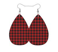 Vintage Earring For Women Buffalo Plaid Red Black Plaid Geometric Stripes Leather Earrings Novelty Drop Leather Earrings For Party Mother’S Day Ladies
