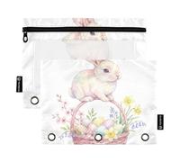 Vintage Easter Bunny Basket Zippered Binder Pouches with Clear Window Pencil case Clear Window & Grommets Pocket folders for 3 for School, Office & Home Multicolored 2 PCS