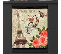 Vintage Eiffel Tower Dishwasher Magnetic Cover Kitchen Decor Paris Theme Bicycle Butterfly Flower Front Dishwasher Refrigerator Magnetic Cover Sticker Appliance Decorative Cover 23 x 26 Inches