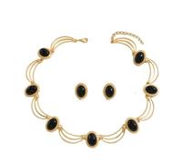 Vintage Elegant Black Gold Necklace, Oval Black Gemstone Earring Set, Suitable for Ladies to Match At Dinners, Parties, and Daily Occasions