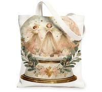 Vintage Elegant Canvas Tote Bags, Angel Snow Globe Pattern Reusable Grocery Bags, Winter Floral Lightweight Washable Should, White, 13x15 Inch