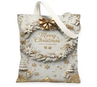 Vintage Elegant Canvas Tote Bags, Holiday Wreath Design Reusable Grocery Bags, Winter Floral Lightweight Washable Shoulder, Gold, 13x15 Inch