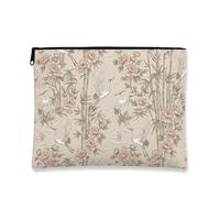 Vintage Elegant Floral Makeup Bag, Crane and Peony Design Cosmetic Travel Pouch for Women, Portable Canvas Zipper Toiletry Organizer, Beige, 7x9 Inch, Floral