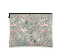 Vintage Elegant Floral Makeup Bag, Crane Pattern Cosmetic Travel Pouch for Women, Portable Canvas Zipper Organizer, Spring Skincare Toiletry Bag, Green, 7x9 Inch, Floral