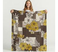 Vintage Elegant Flowers Checkered Blanket Brown Yellow Blankets Printed Fleece Cozy Warm Blanket for Couch Travel Sofa Teens Adult Bedroom Decor Plush Throw Blankets 59in × 59in (150cm × 150cm)