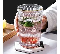 Vintage Embossed Glasses, Clear Embossed Glasses Tumbler, Vintage Drinking Glasses, Embossed Design Glassware for Beverages, Water, Juice, Beer, Cocktail, Whiskey and Milk(350ml/Golden)