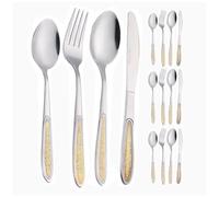 Vintage Embossed Gold Plated Handle Kitchen Stainless Steel Silverware Tableware Flatware Cutlery Knives Forks Spoons Set for 4 People,Hotel Kitchen Dessert Teaspoon (Gold Silver,16 Pieces)