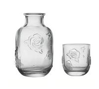 Vintage Embossed Rose Glass Pitcher and Cup Set 2 in 1 Vintage Flower Teapot Water Carafe with Matching Lid Cup for Bedroom Office and Dining, Mom Tea Party Use