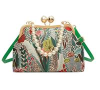 Vintage Embroidered Flower Handbag Retro Pearl Chain Crossbody Bag Clutch Kiss Lock Top Handle Shoulder Purse Wallet 2025, Green, One Size, C-z-25bb43-green