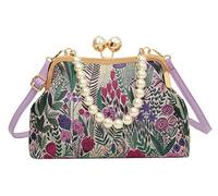 Vintage Embroidered Flower Handbag Retro Pearl Chain Crossbody Bag Clutch Kiss Lock Top Handle Shoulder Purse Wallet 2025, Purple, One Size, C-z-25bb43-purple
