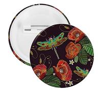 Vintage Embroidery Red Poppies Peonies Green Dragonflies on Dark 5 PCs Round Tinplate Badge, Badge Lapel Tie Pin, Lightweight Button Badge for Women Men Office Worker Teacher Student Decor