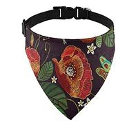 Vintage Embroidery Red Poppies Peonies Green Dragonflies on Dark Dog Adjustable Martingale Collar, Saliva Bibs Pet Regular Collars for Cat Pets, Buckle Bandanas Triangle Kerchief Bibs Scarf